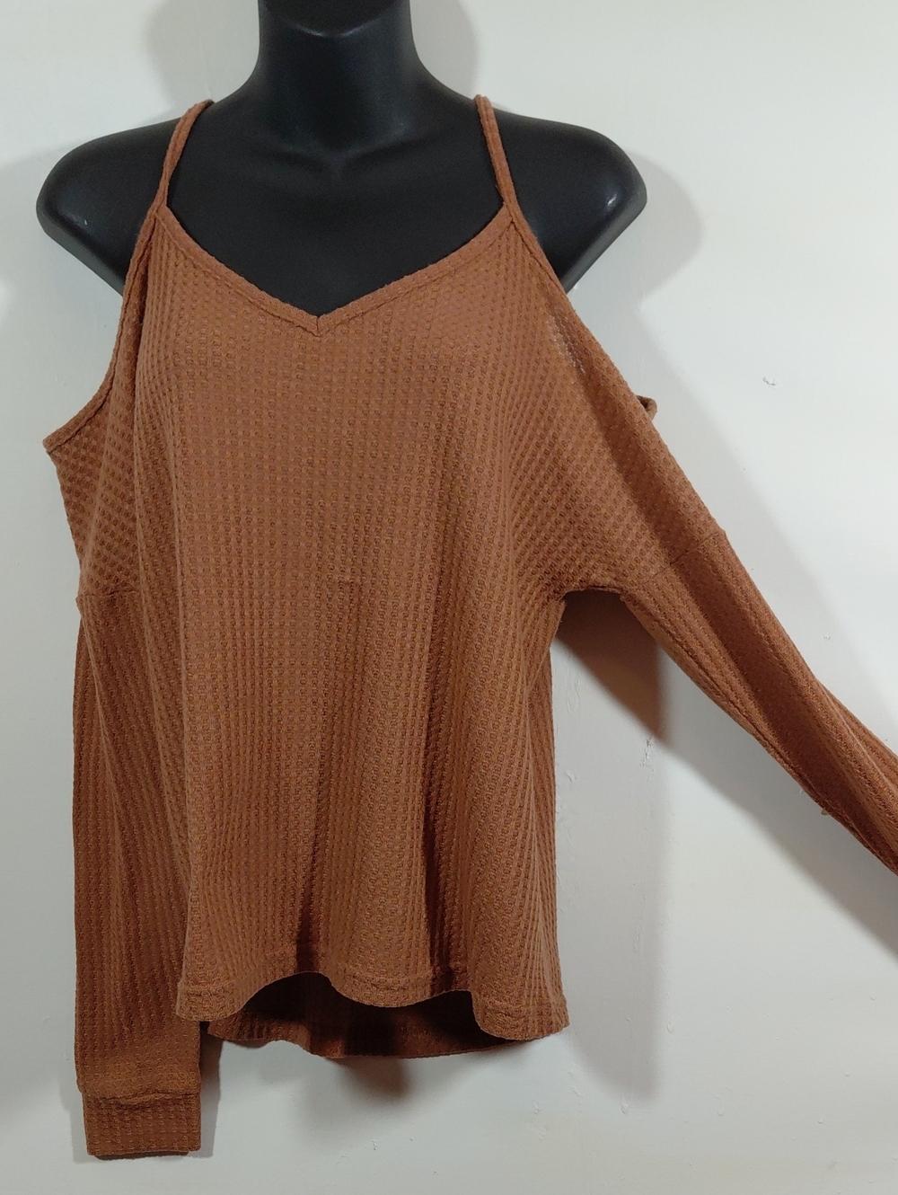 SHEIN Brown Waffle Knit Cold-Shoulder Top